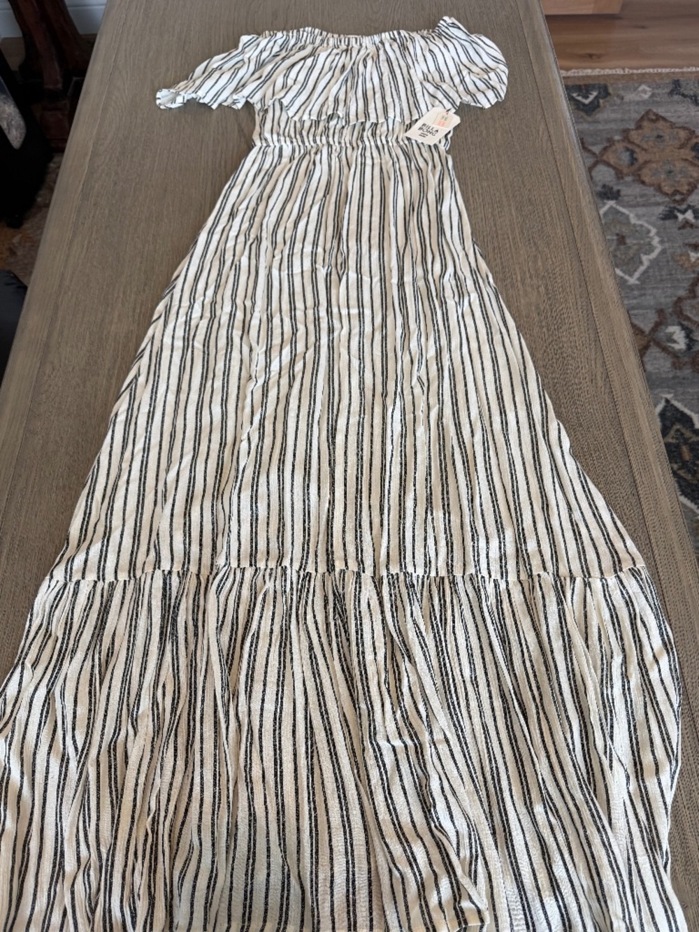 NWT Billabong Off Shoulder Island Vibes Striped Ruffle Maxi Dress Black White M
